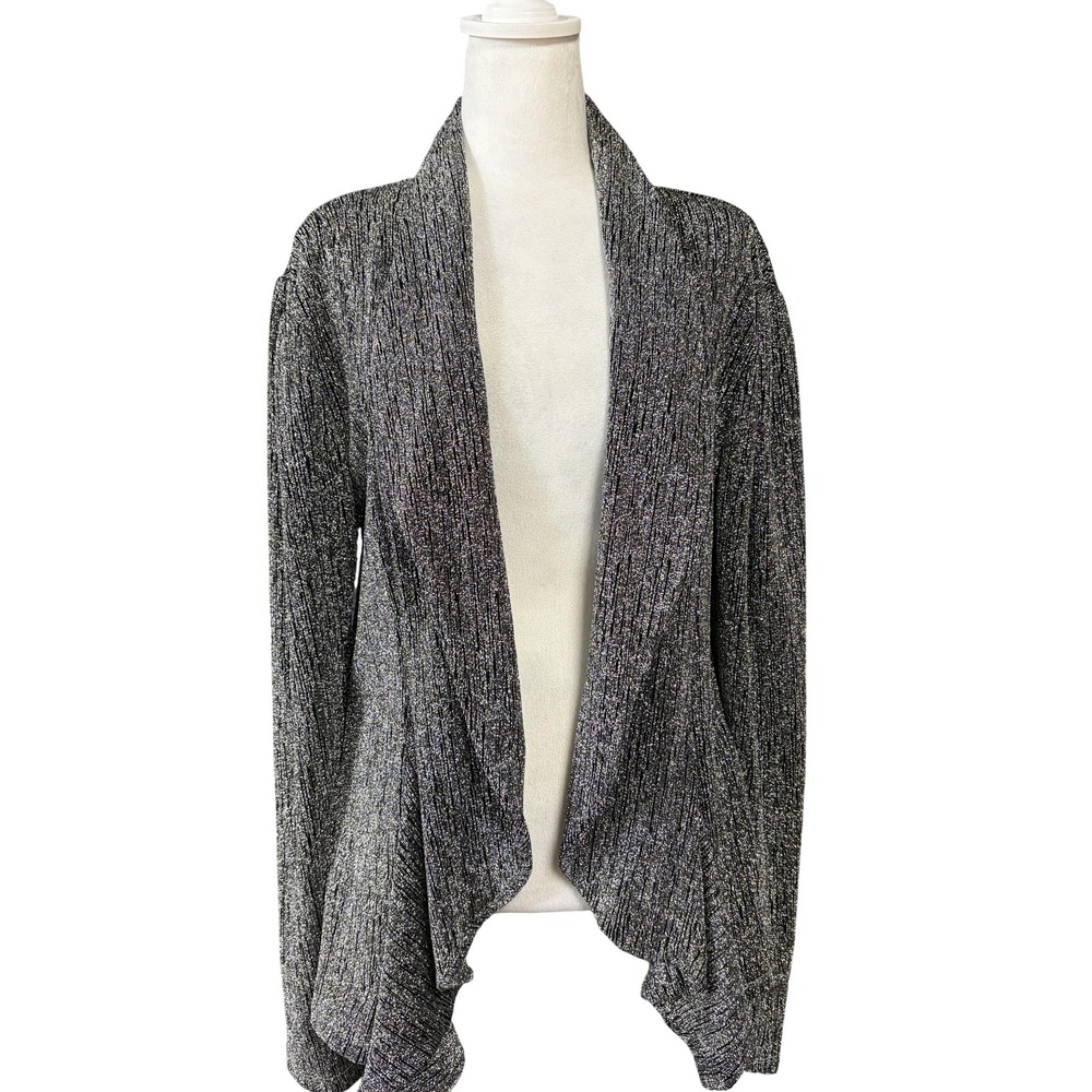 Blue‎ Leopard Sweater Cardigan Womens 2X Black Silver Open Front Lurex Made USA